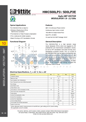 HMC500LP3 datasheet - GaAs HBT VECTOR MODULATOR 1.8 - 2.2 GHz