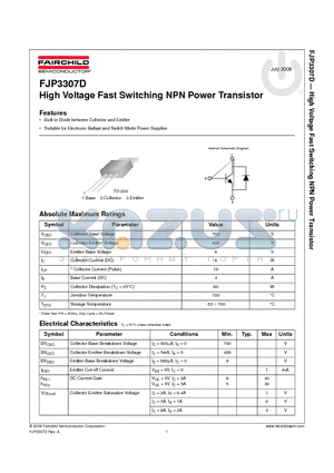 FJP3307D_08 datasheet - High Voltage Fast Switching NPN Power Transistor