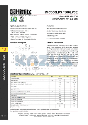 HMC500LP3E datasheet - GaAs HBT VECTOR MODULATOR 1.8 - 2.2 GHz