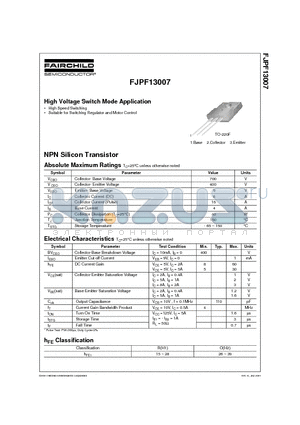 FJPF13007 datasheet - High Voltage Switch Mode Application