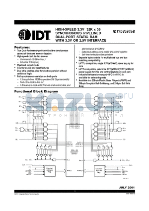 IDT70V3579S4BFI datasheet - HIGH-SPEED 3.3V 32K x 36 SYNCHRONOUS PIPELINED DUAL-PORT STATIC RAM WITH 3.3V OR 2.5V INTERFACE