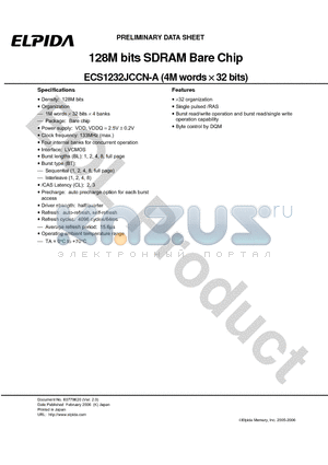 ECS1232JCCN-A datasheet - 128M bits SDRAM Bare Chip