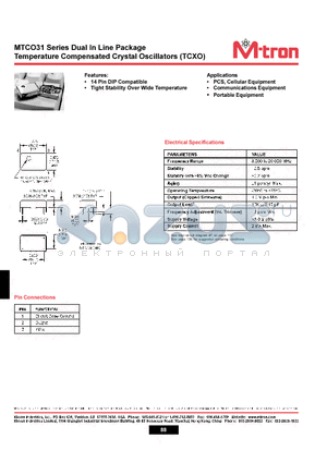 MTCO31 datasheet - Dual In Line Package Temperature Compensated Crystal Oscillators (TCXO)