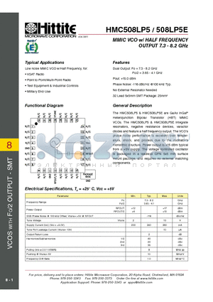 HMC508LP5 datasheet - MMIC VCO w/ HALF FREQUENCY OUTPUT 7.3 - 8.2 GHz