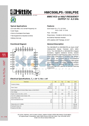 HMC508LP5E datasheet - MMIC VCO w/ HALF FREQUENCY OUTPUT 7.3 - 8.2 GHz