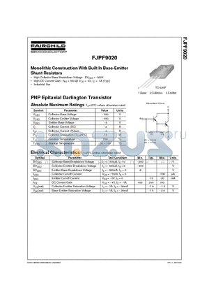 FJPF9020 datasheet - PNP Epitaxial Darlington Transistor