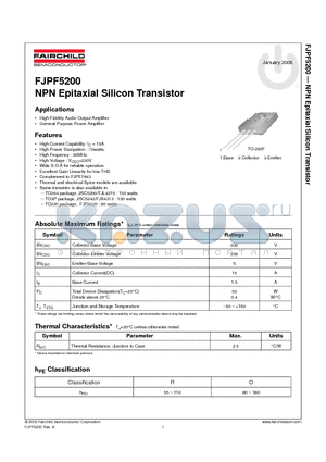 FJPF5200 datasheet - NPN Epitaxial Silicon Transistor