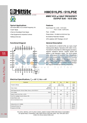 HMC511LP5 datasheet - MMIC VCO w/ HALF FREQUENCY OUTPUT 9.05 - 10.15 GHz