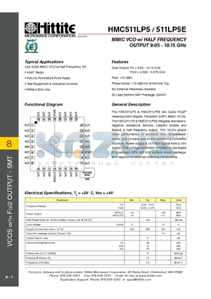 HMC511LP5 datasheet - MMIC VCO w/ HALF FREQUENCY OUTPUT 9.05 - 10.15 GHz