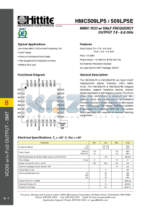 HMC509LP5 datasheet - MMIC VCO w/ HALF FREQUENCY OUTPUT 7.8 - 8.8 GHz