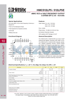 HMC512LP5 datasheet - MMIC VCO w/ HALF FREQUENCY OUTPUT & DIVIDE-BY-4, 9.6 - 10.8 GHz