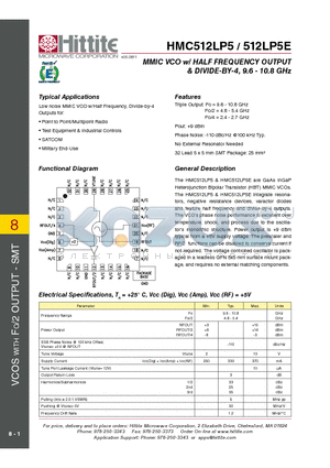 HMC512LP5E datasheet - MMIC VCO w/ HALF FREQUENCY OUTPUT & DIVIDE-BY-4, 9.6 - 10.8 GHz