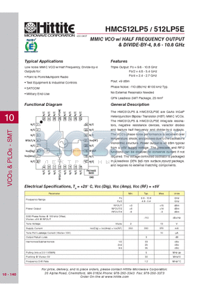 HMC512LP5E datasheet - MMIC VCO w/ HALF FREQUENCY OUTPUT & DIVIDE-BY-4, 9.6 - 10.8 GHz