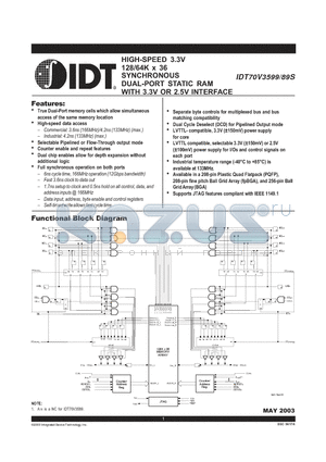 IDT70V3599S datasheet - HIGH-SPEED 3.3V 128/64K x 36 SYNCHRONOUS DUAL-PORT STATIC RAM WITH 3.3V OR 2.5V INTERFACE