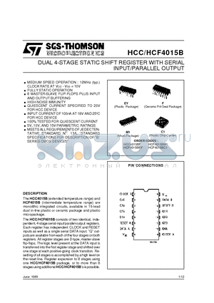 HCF4015B datasheet - DUAL 4-STAGE STATIC SHIFT REGISTER WITH SERIAL INPUT/PARALLEL OUTPUT