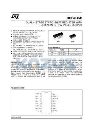 HCF4015M013TR datasheet - DUAL 4-STAGE STATIC SHIFT REGISTER WITH SERIAL INPUT/PARALLEL OUTPUT