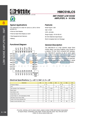 HMC516LC5 datasheet - SMT PHEMT LOW NOISE AMPLIFIER, 9 - 18 GHz