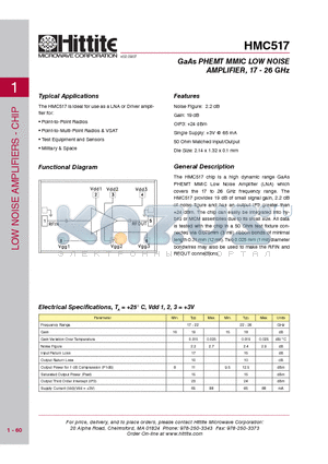 HMC517 datasheet - GaAs PHEMT MMIC LOW NOISE AMPLIFIER, 17 - 26 GHz