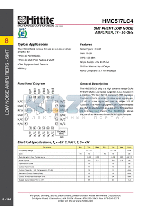 HMC517LC4 datasheet - SMT PHEMT LOW NOISE AMPLIFIER, 17 - 26 GHz