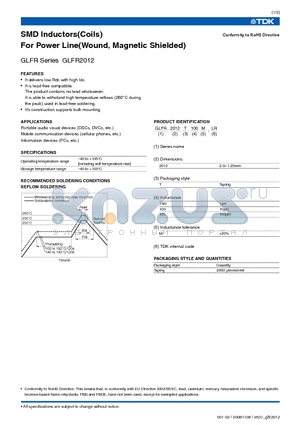 GLFR2012 datasheet - SMD Inductors(Coils) For Power Line(Wound, Magnetic Shielded)