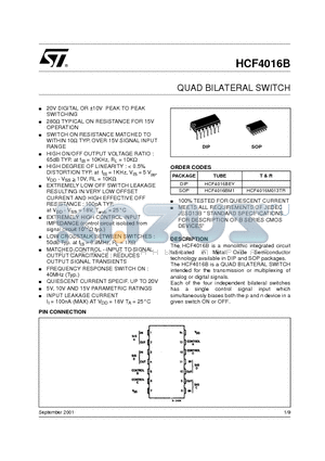 HCF4016M013TR datasheet - QUAD BILATERAL SWITCH