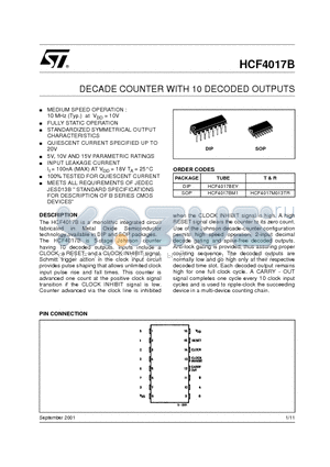 HCF4017B datasheet - DECADE COUNTER WITH 10 DECODED OUTPUTS