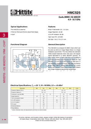 HMC525 datasheet - GaAs MMIC I/Q MIXER 4.0 - 8.5 GHz