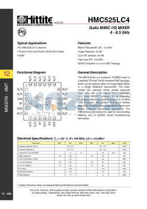 HMC525LC4 datasheet - GaAs MMIC I/Q MIXER 4 - 8.5 GHz