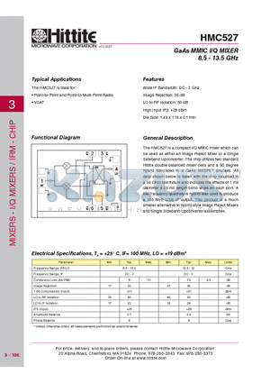 HMC527 datasheet - GaAs MMIC I/Q MIXER 8.5 - 13.5 GHz