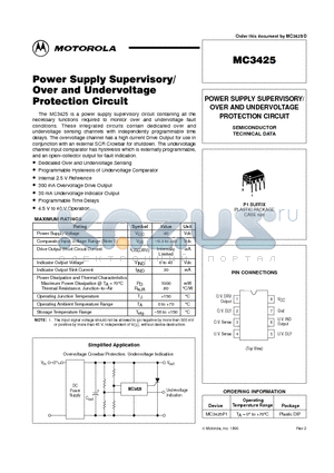 MC3425P1 datasheet - POWER SUPPLY SUPERVISORY/ OVER AND UNDERVOLTAGE PROTECTION CIRCUIT