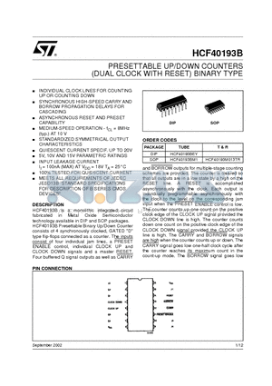 HCF40193 datasheet - PRESETTABLE UP/DOWN COUNTERS (DUAL CLOCK WITH RESET) BINARY TYPE