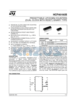 HCF40193B datasheet - PRESETTABLE UP/DOWN COUNTERS (DUAL CLOCK WITH RESET) BINARY TYPE