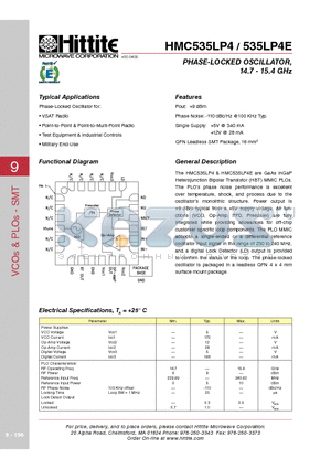 HMC535LP4E datasheet - PHASE-LOCKED OSCILLATOR, 14.7 - 15.4 GHz