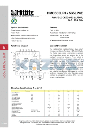 HMC535LP4 datasheet - PHASE-LOCKED OSCILLATOR, 14.7 - 15.4 GHz