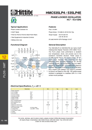 HMC535LP4E datasheet - PHASE-LOCKED OSCILLATOR, 14.7 - 15.4 GHz