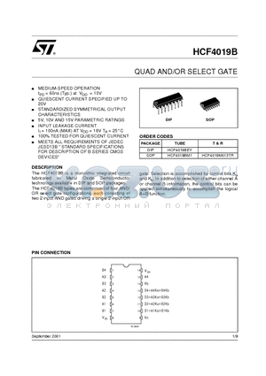 HCF4019M013TR datasheet - QUAD AND/OR SELECT GATE