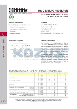 HMC536LP2 datasheet - GaAs MMIC POSITIVE CONTROL T/R SWITCH, DC - 6.0 GHz