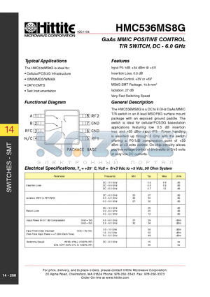 HMC536MS8G datasheet - GaAs MMIC POSITIVE CONTROL T/R SWITCH, DC - 6.0 GHz