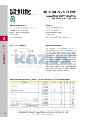 HMC536LP2E datasheet - GaAs MMIC POSITIVE CONTROL T/R SWITCH, DC - 6.0 GHz