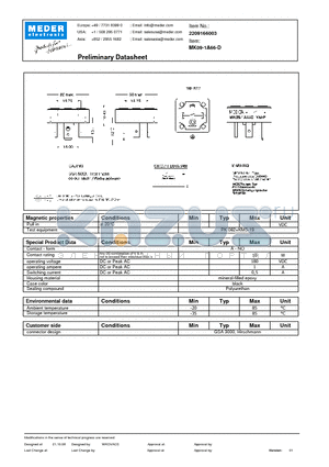 MK09-1A66-D datasheet - MK Reed Sensors