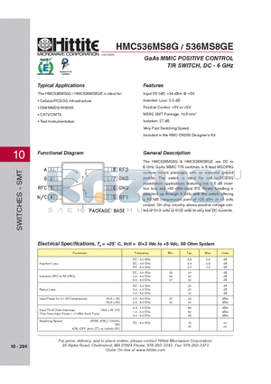 HMC536MS8G_08 datasheet - GaAs MMIC POSITIVE CONTROL T/R SWITCH, DC - 6 GHz