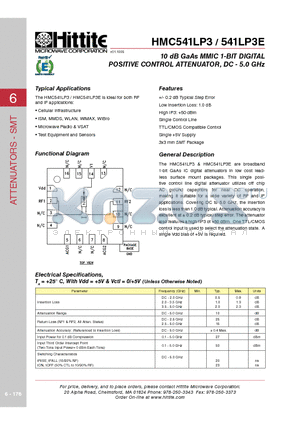 HMC541LP3 datasheet - 10 dB GaAs MMIC 1-BIT DIGITAL POSITIVE CONTROL ATTENUATOR, DC - 5.0 GHz