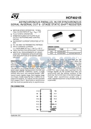 HCF4021BM1 datasheet - ASYNCHRONOUS PARALLEL IN OR SYNCHRONOUS SERIAL IN/SERIAL OUT 8 - STAGE STATIC SHIFT REGISTER