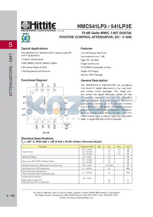 HMC541LP3 datasheet - 10 dB GaAs MMIC 1-BIT DIGITAL POSITIVE CONTROL ATTENUATOR, DC - 5 GHz