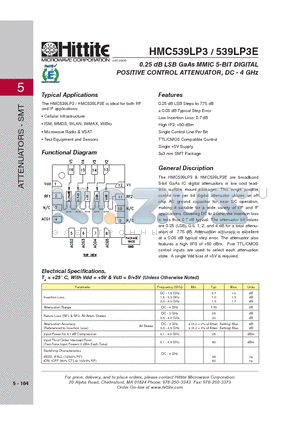 HMC539LP3E datasheet - 0.25 dB LSB GaAs MMIC 5-BIT DIGITAL POSITIVE CONTROL ATTENUATOR, DC - 4 GHz