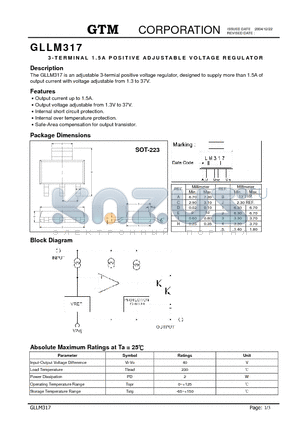 GLLM317 datasheet - 3-TERMINAL 1.5A POSITIVE ADJUSTABLE VOLTAGE REGULATOR