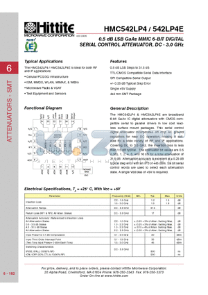 HMC542LP4E datasheet - 0.5 dB LSB GaAs MMIC 6-BIT DIGITAL SERIAL CONTROL ATTENUATOR, DC - 3.0 GHz
