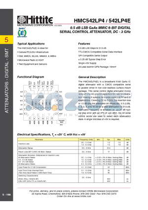 HMC542LP4E datasheet - 0.5 dB LSB GaAs MMIC 6-BIT DIGITAL SERIAL CONTROL ATTENUATOR, DC - 3 GHz