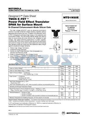 MTD1N50E datasheet - TMOS POWER FET 1.0 AMPERE 500 VOLTS RDS(on) = 5.0 OHM