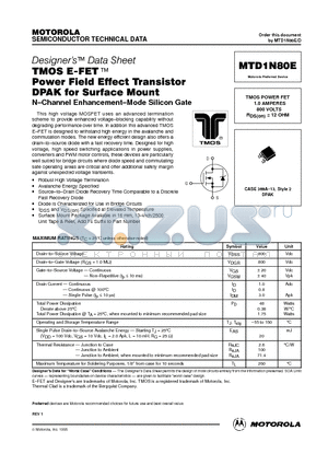 MTD1N80E datasheet - TMOS POWER FET 1.0 AMPERES 800 VOLTS RDS(on) = 12 OHM